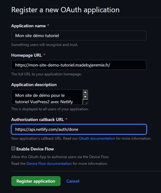 Le formulaire rempli pour la création de l’application OAuth App