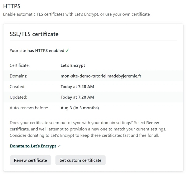 Certificat Let’s Encrypt est actif. Votre site web est sécurisé. Crédits: image extraite du site Netlify