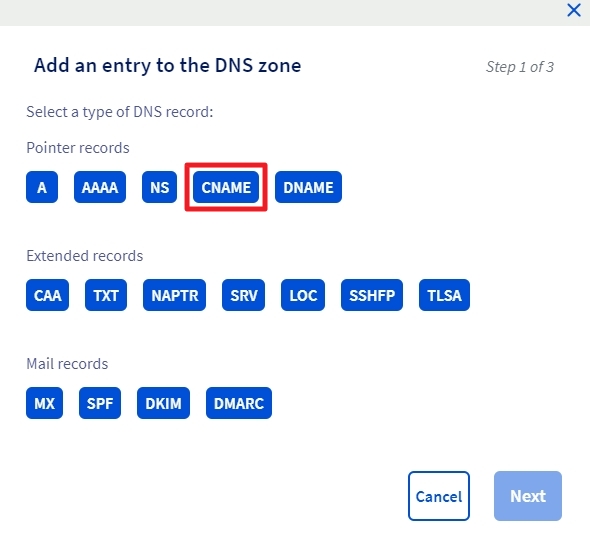 Choix du type d’entrée DNS. Crédits: image extraite du site Netlify