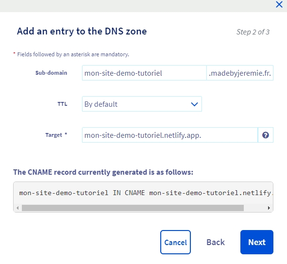 Configurer l’entrée DNS. Crédits: image extraite du site Netlify