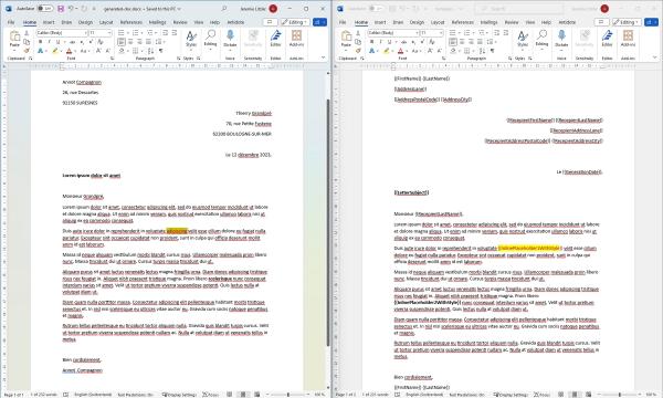 Exemple de modèle Word et son équivalent sans les balises.